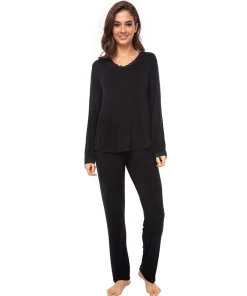 Lady Avenue Pyjamas/ Loungewear<02 BLACK - Bamboo Homewear Bamboo Long Sleeve Pyjamas Wit