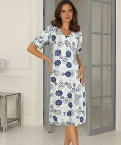 Lady Avenue Natkjoler/ Underkjoler/ Chemiser<655 BLUE/GREY FLORAL - Bambus Homewear Long Nightdress, Short Sleeve