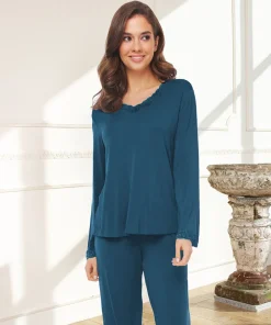 Lady Avenue Top/ Loungeshirt/ Pyjamas|Pyjamas/ Loungewear<180 DARK PETROL - Bamboo Homewear Bamboo Long Sleeve Pyjamas Wit