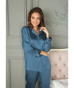 Lady Avenue Top/ Loungeshirt/ Pyjamas<112 DARK PETROL - Silk Woven Basic Pyjamas