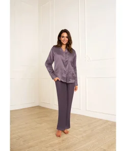 Lady Avenue Top/ Loungeshirt/ Pyjamas<354 GRAPHITE - LA - Homewear - Cotton & satin Satin Long Sleeve Pyjamas