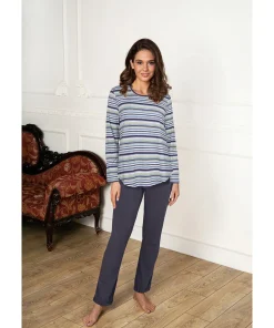 Lady Avenue Top/ Loungeshirt/ Pyjamas<1035 GRAPHITE STRIPE - Bamboo Homewear Long Sleeve Pyjamas
