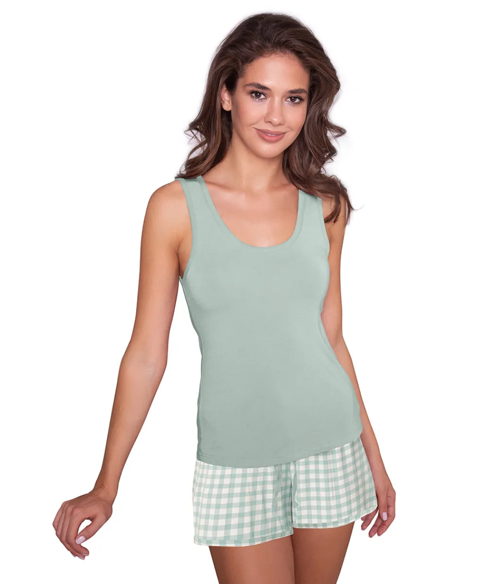 Lady Avenue Top/ Loungeshirt/ Pyjamas|Pyjamas/ Loungewear<680 GREEN CHECKS - LA - Bamboo Homewear Bamboo Top & Boxer (Set)