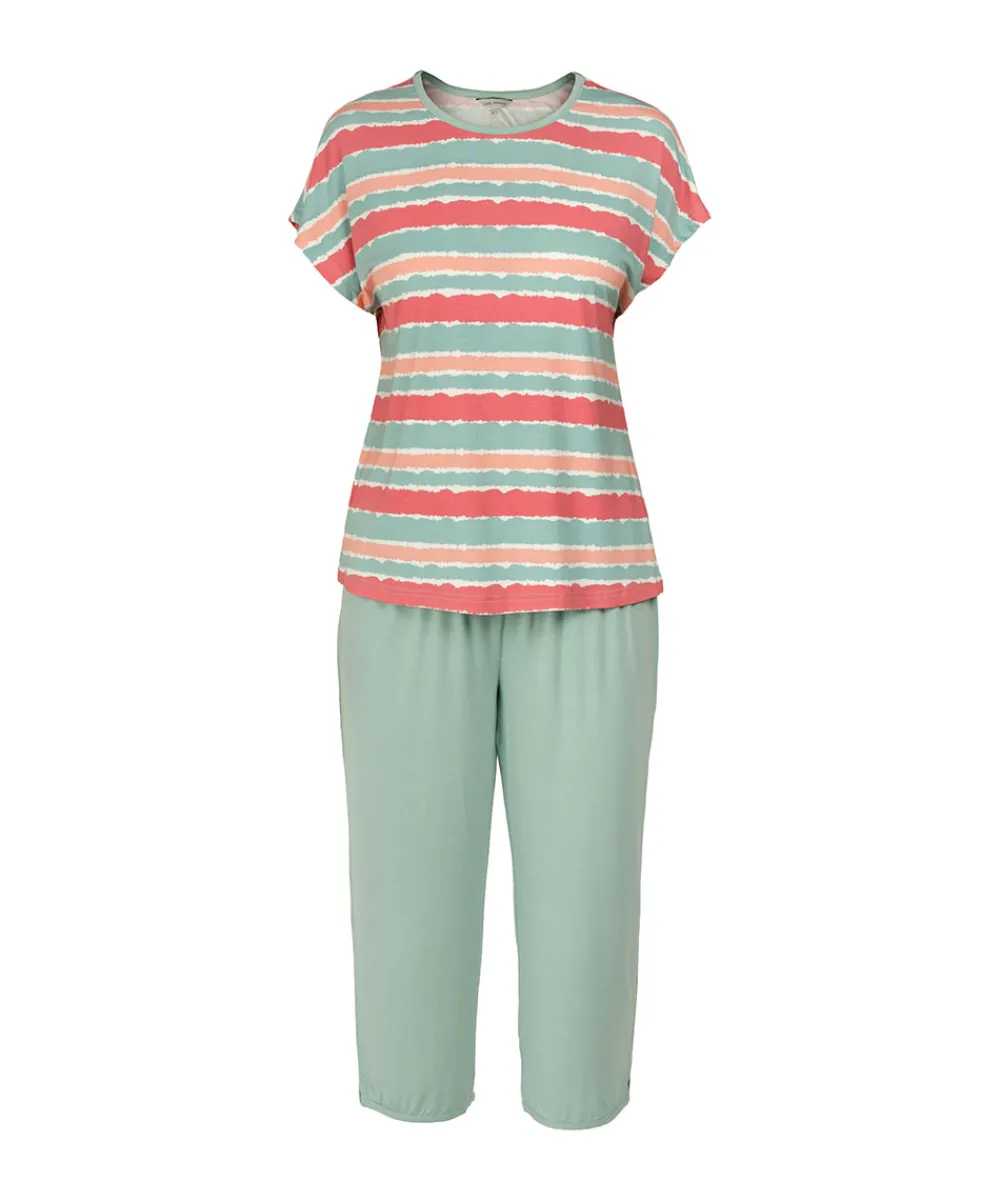 Lady Avenue Top/ Loungeshirt/ Pyjamas|Pyjamas/ Loungewear<686 GREEN-CORAL AQUAREL - LA - Bamboo Homewear Sleeve PJ With Pirate Pants