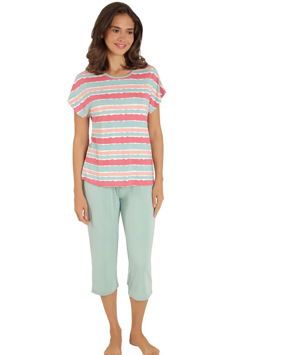 Lady Avenue Top/ Loungeshirt/ Pyjamas|Pyjamas/ Loungewear<686 GREEN-CORAL AQUAREL - LA - Bamboo Homewear Sleeve PJ With Pirate Pants