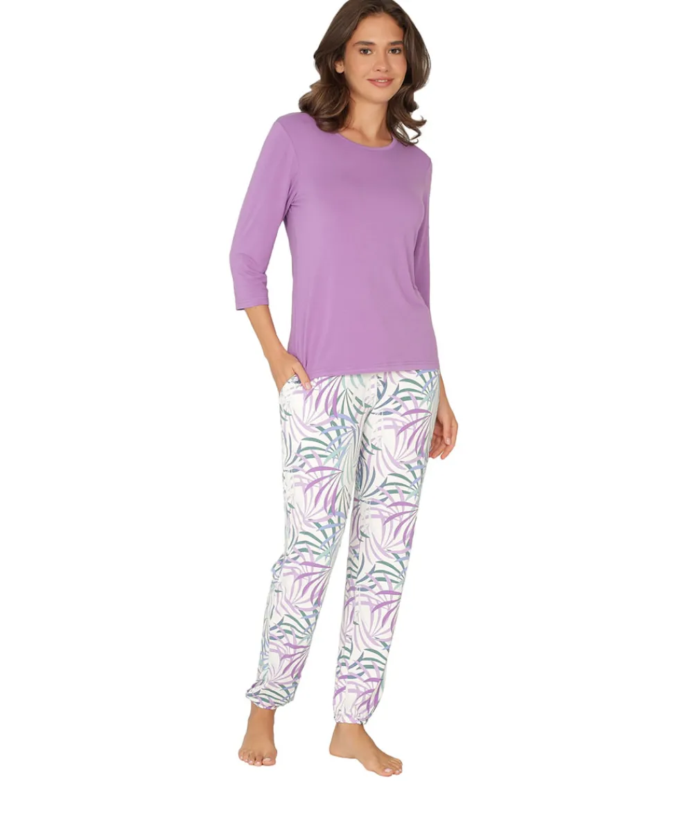 Lady Avenue Top/ Loungeshirt/ Pyjamas|Pyjamas/ Loungewear<683 ORCHID LEAVES - LA - Bamboo Homewear Sleeve Pyjamas