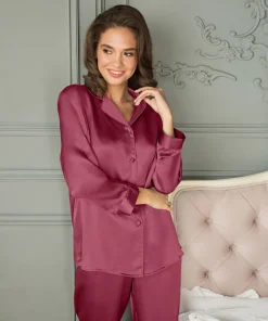 Lady Avenue Top/ Loungeshirt/ Pyjamas|Pyjamas/ Loungewear<194 RUBY RED - Silk Woven Basic Pyjamas